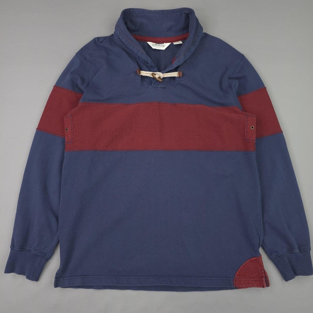 Orvis Sweatshirt Mens Medium Blue Red Stripe Toggle High Neck Cotton Rugby